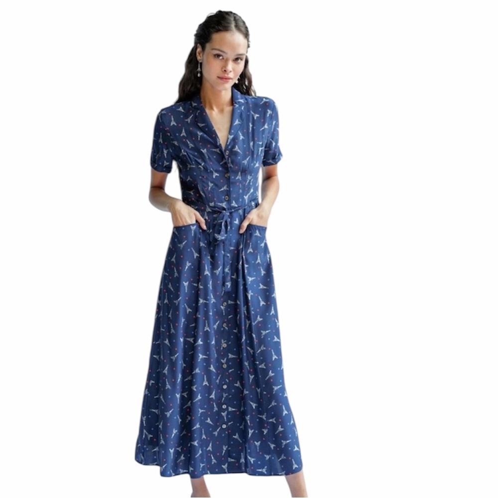 $675 HVN Maria Navy Blue Eiffel Tower Paris 100% Silk Long Shirt Dress, Size 16